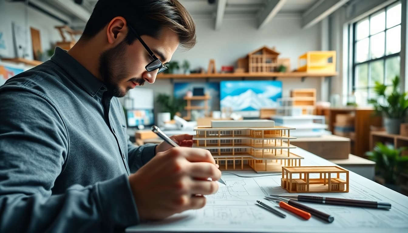 Architekturmodellbau Freiburg: Detaillierte Modellbauwerkstatt mit Modell und Werkzeugen.