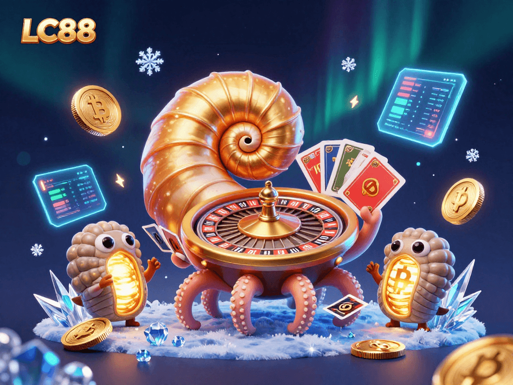 Engage with casino excitement at LC88 featuring a giant nautilus roulette, crypto elements, and vibrant game imagery.