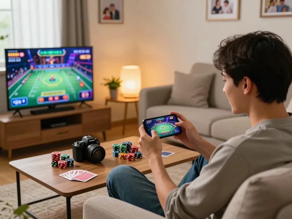 Engaging living room scene of a player enjoying tải go88 games on a smartphone with vibrant graphics.