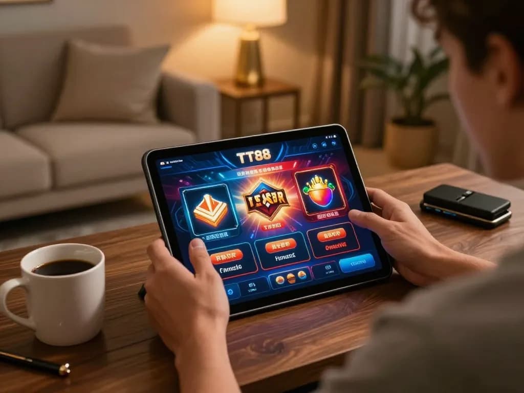 Player enjoying TT88 mobile casino app on tablet with vibrant game graphics.