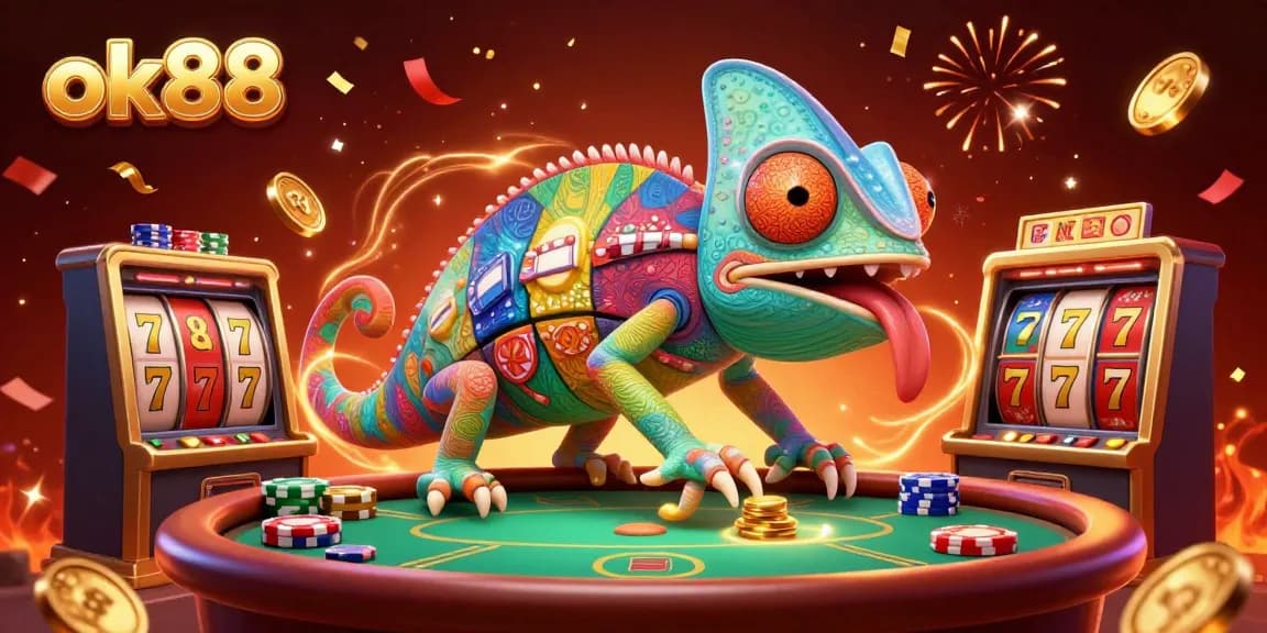 Engage with the vibrant world of ok88, featuring a chameleon casino owner and lively slot elements.
