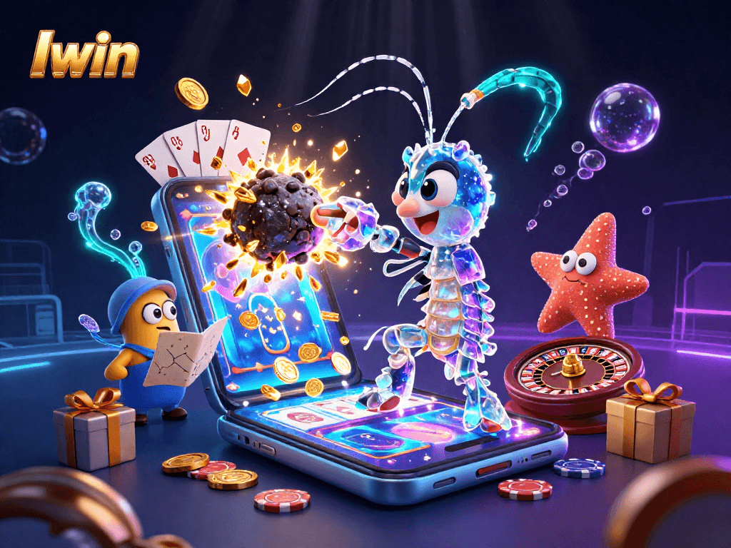 Iwin slot game scene featuring a galactic mantis shrimp and a starfish with vibrant casino elements.