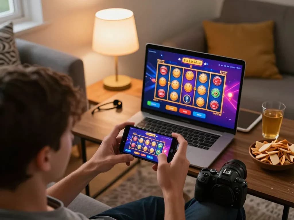 Engaging action on slot server thailand in a cozy home gaming environment featuring a person using a smartphone.