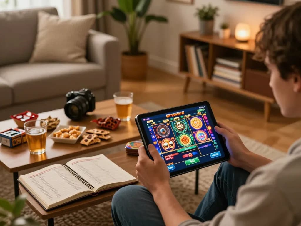 Engaging in slot bet kecil strategy with tablet at home showcasing various online slots