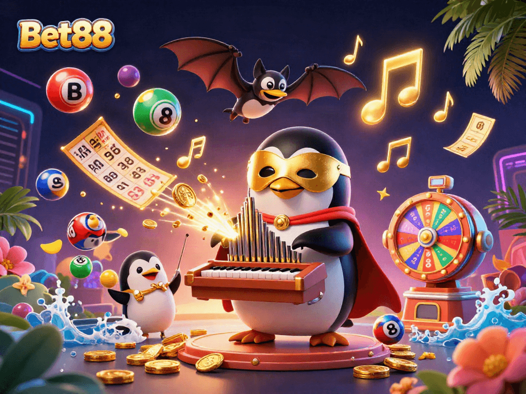 Bet88 penguin playing organ with gold coins, vibrant lottery balls, and dynamic casino elements