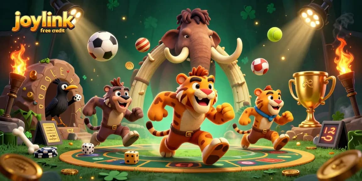 Experience joylink free credit in a thrilling prehistoric casino scene with dynamic sports elements.
