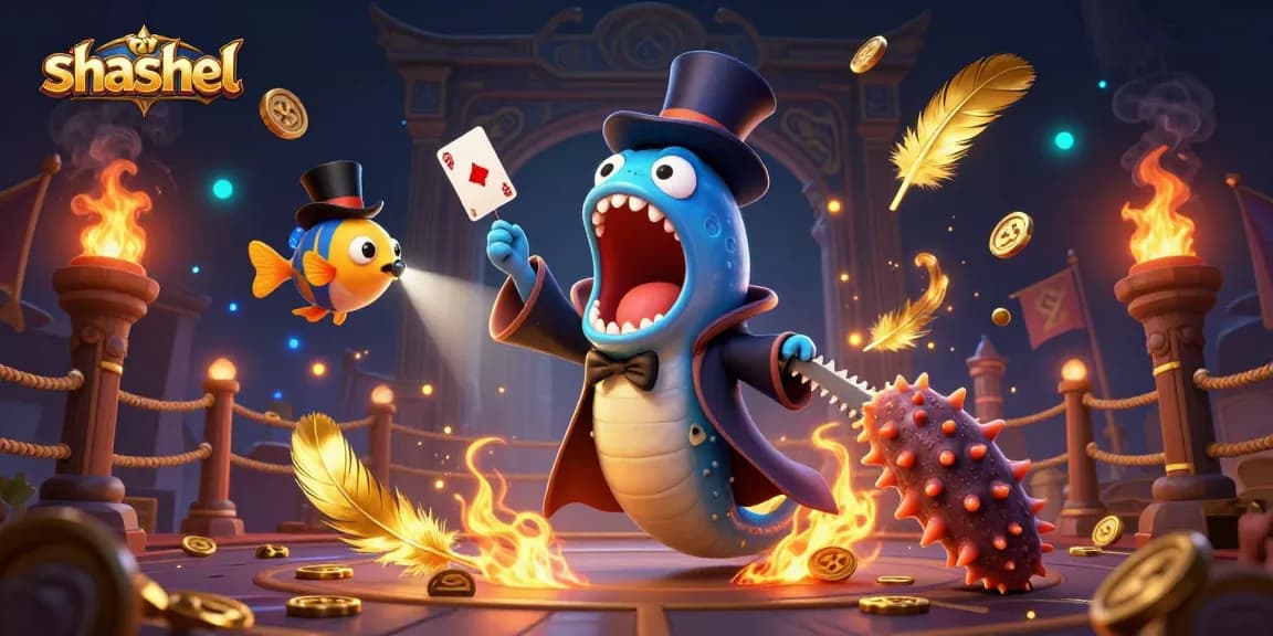 Experience thrilling card magic with shashel's bioluminescent sea creatures in an exciting casino scene.