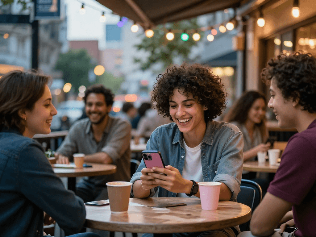 Engaging social scene highlighting Pink Chat connections in a vibrant café.
