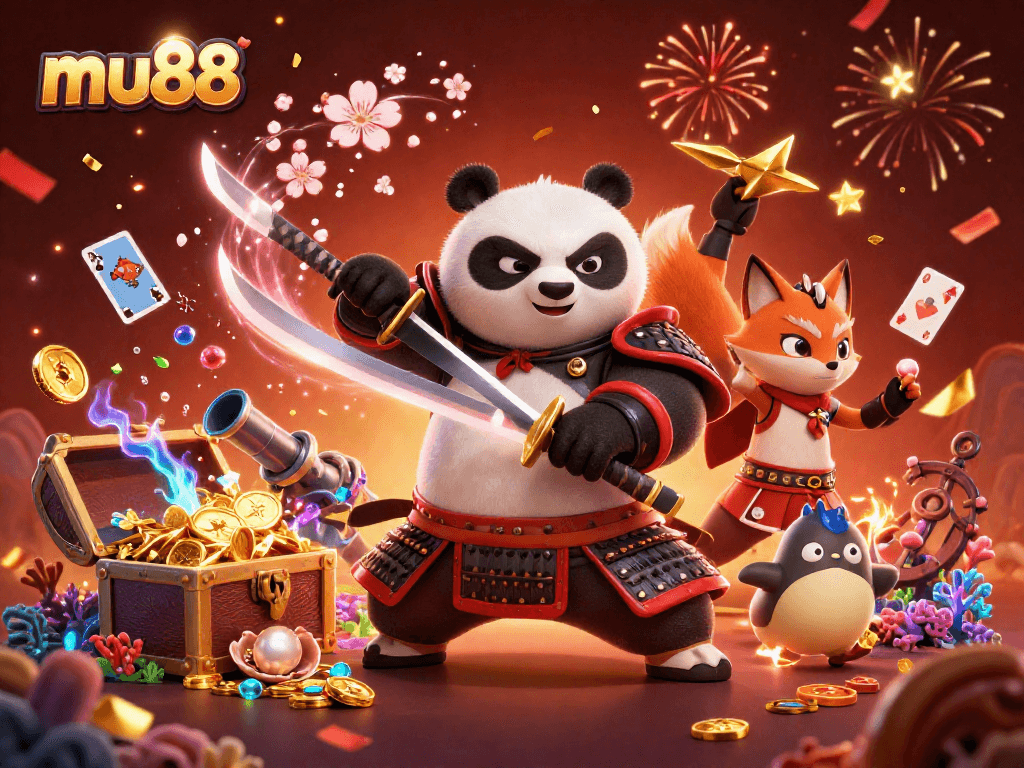 Engage in thrilling gameplay at mu88 with a vibrant 3D casino scene showcasing dynamic characters and game elements.