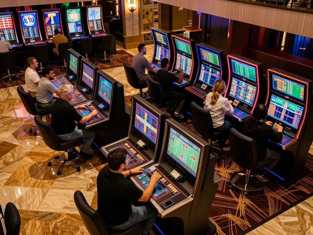 Engaged bettors celebrating wins at the best widget store's sports betting area in a lively casino atmosphere