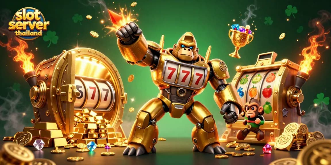Experience excitement with slot server thailand's golden gorilla mech among treasures and slot symbols.