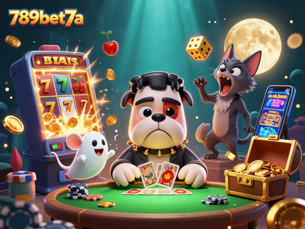 Join the thrilling world of 789bet7a with a 3D cartoon monster dealer and casino elements bursting with excitement.