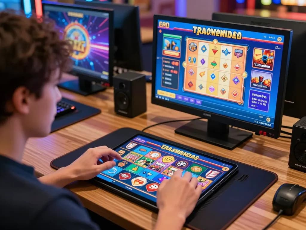 Player using a tablet for สล็อตวอเลท online gaming with vibrant casino atmosphere.