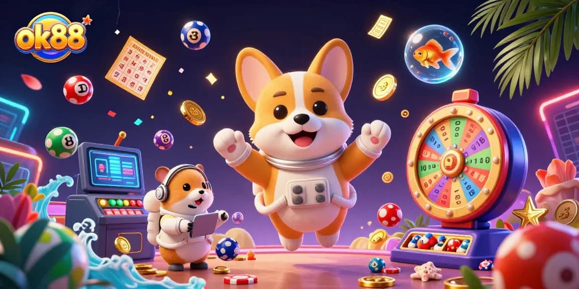 ok88 captures a vibrant scene of a 3D astronaut corgi in a casino, surrounded by floating lottery and bingo elements.