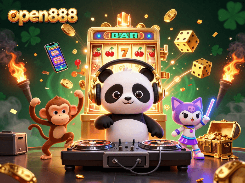 Join the excitement at open888, featuring a lively 3D DJ panda, dancing monkey, and glowing kitten amid bursting slots.