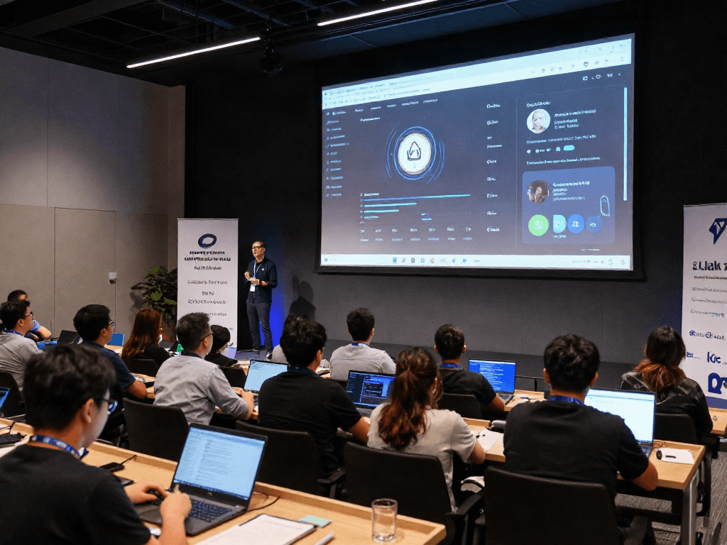 在现代讲座厅中，听众关注展示Clash官网的应用演示，营造出具有启发性的氛围。