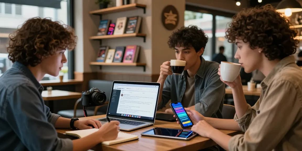Group discussing 먹튀검증 practices in a cozy coffee shop environment, showcasing modern technology and community engagement.