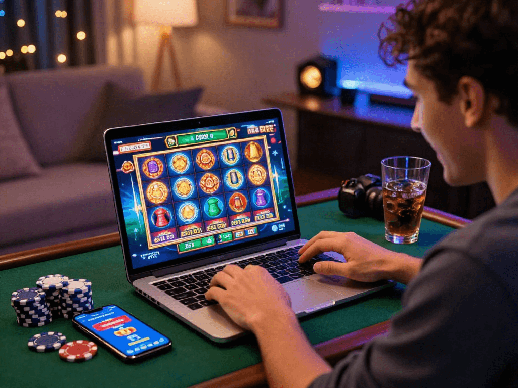 Player enjoying the slot bonus new member 100 at home, with engaging gaming graphics and chips visible, creating a vibrant online casino atmosphere.