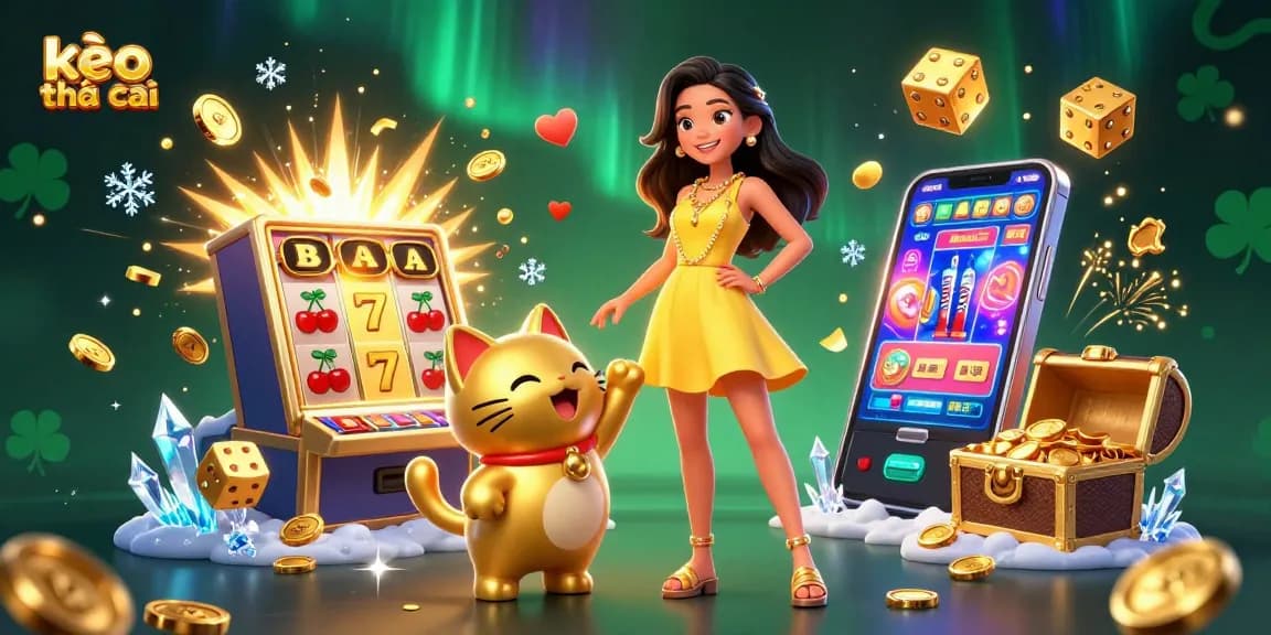 Engage with kèo nhà cái while enjoying a vibrant scene of a cheerful woman, lucky cat, and casino excitement.