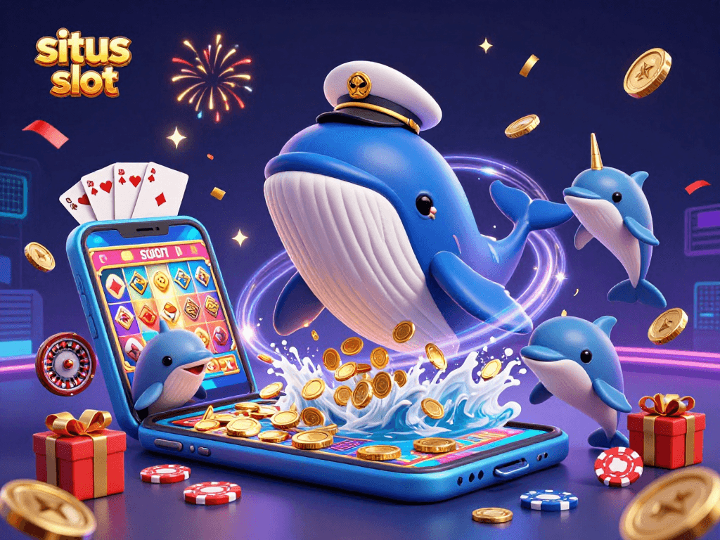 Experience excitement at situs slot with a cartoon whale and colorful slot game elements.