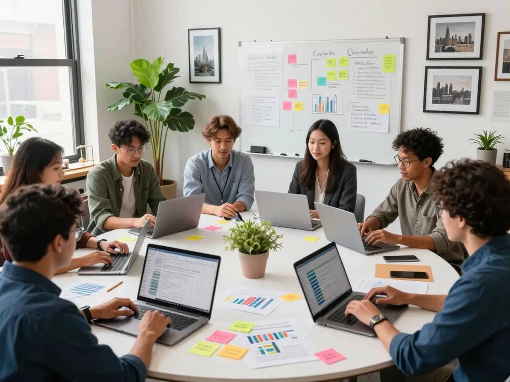 Marketing team discusses Local SEO NYC strategies in bright, collaborative workspace.