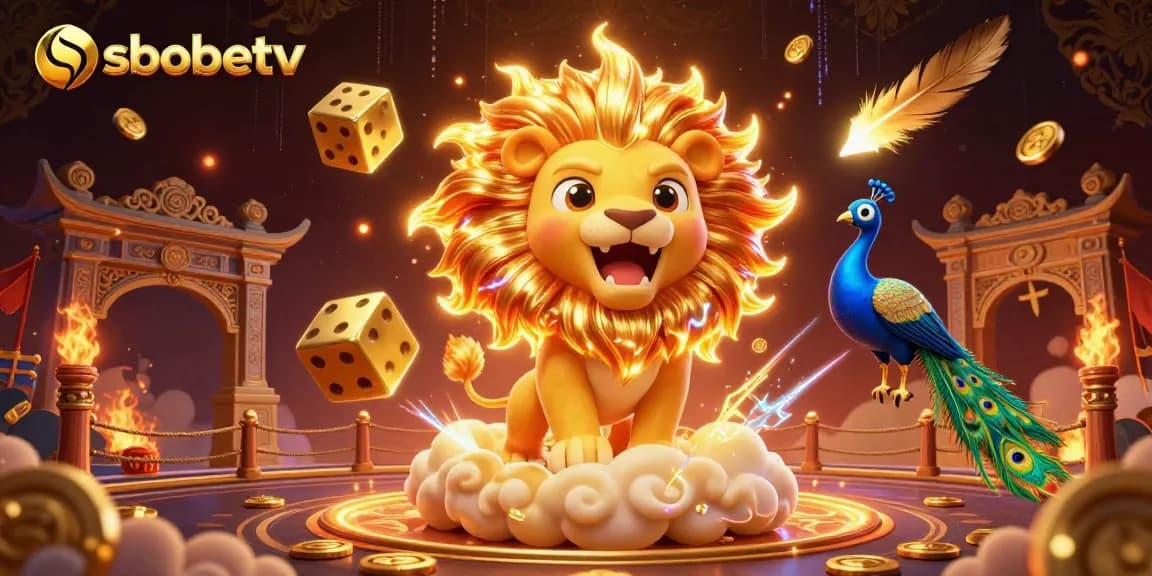 Experience thrilling gameplay with sbobetv in this vibrant 3D casino scene featuring a roaring sun lion.