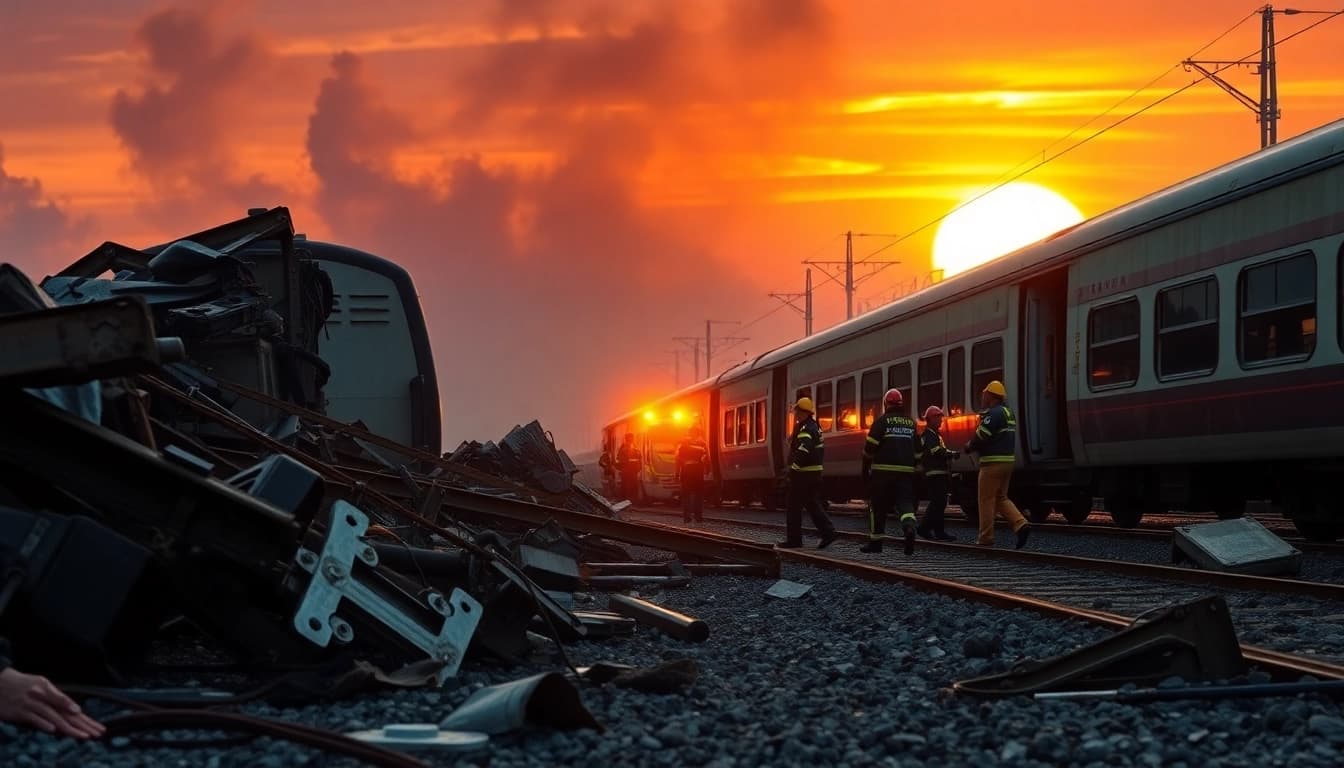 Spain train crash aftermath with emergency responders aiding victims in a chaotic scene.