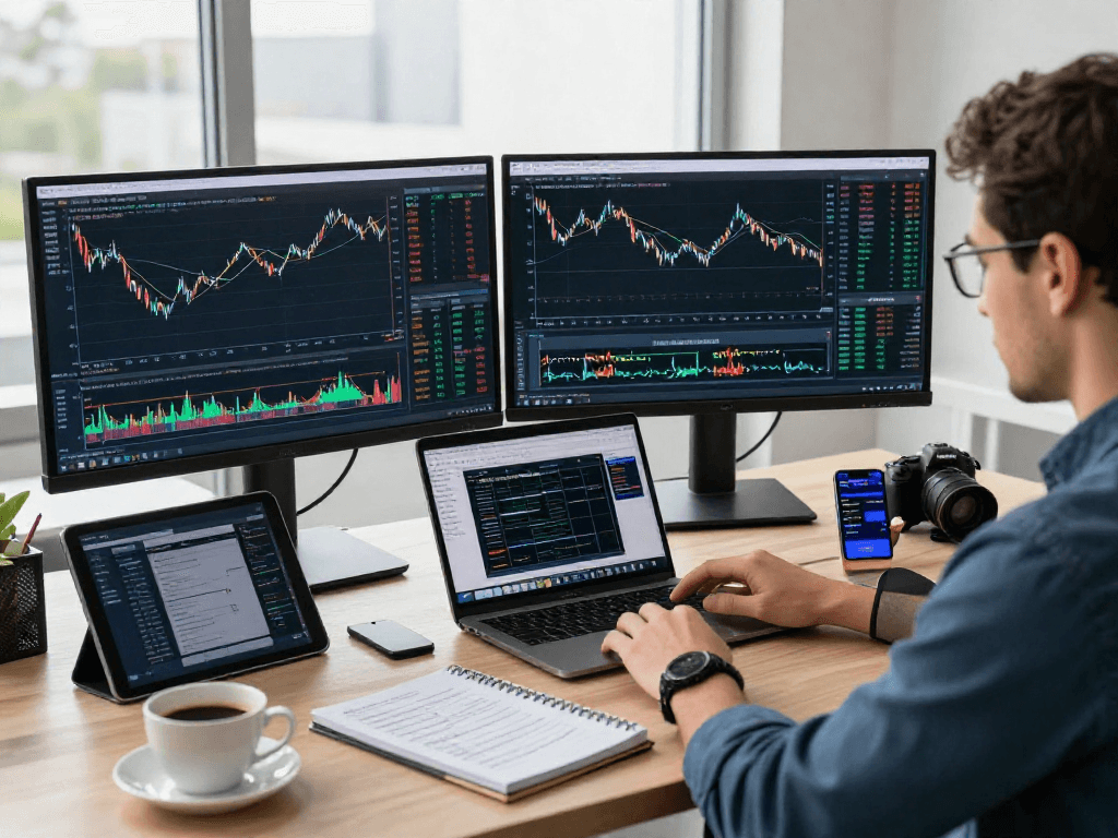 在现代交易环境中，交易者正使用MetaTrader 5进行市场分析，展示图表和数据。