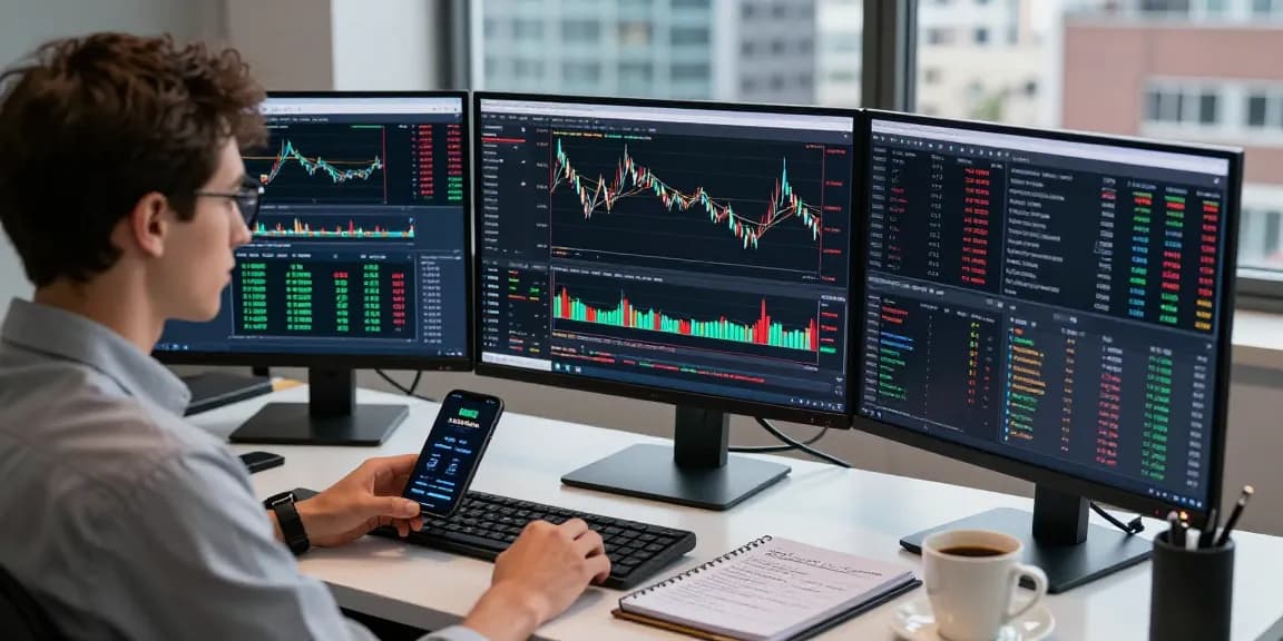 在TradingView官网上，交易者使用多显示器监控股市与加密货币走势，专注的工作环境展示专业交易分析。