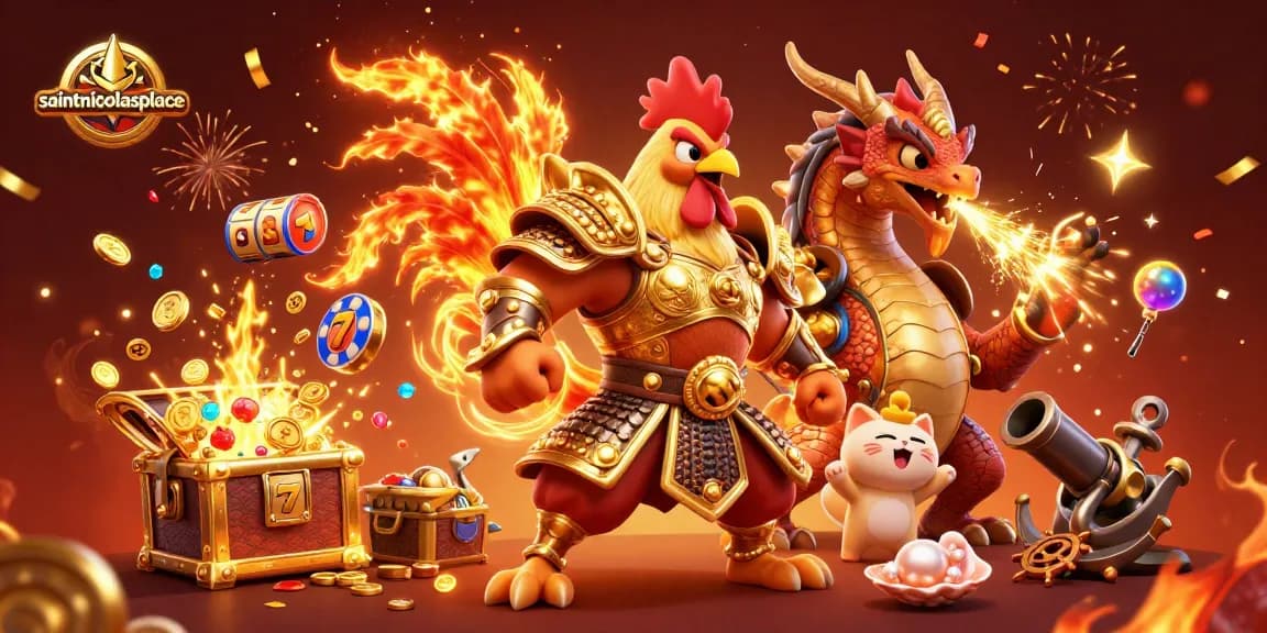 Play at saintnicolasplace's vibrant casino with a powerful rooster and dragon bursting with rewards.