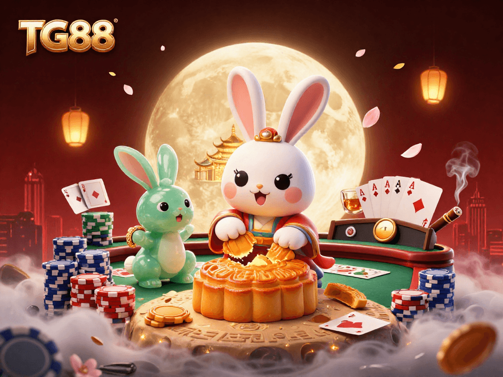 Engage with TG88 in a vibrant casino scene where poker chips reveal hidden treasures, surrounded by animated characters.