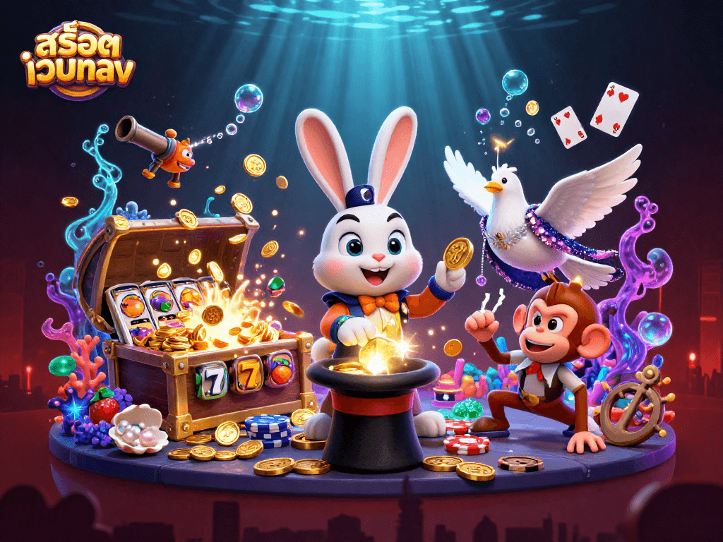 Engage with สล็อตเว็บตรง in this vibrant 3D scene featuring casino characters and dynamic game elements.