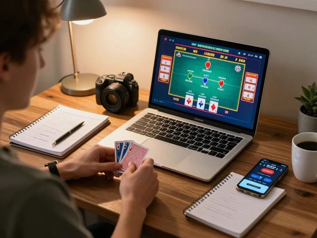 Engaging online blackjack session showcasing FAFA 828 strategy with themed notebook and live gameplay.