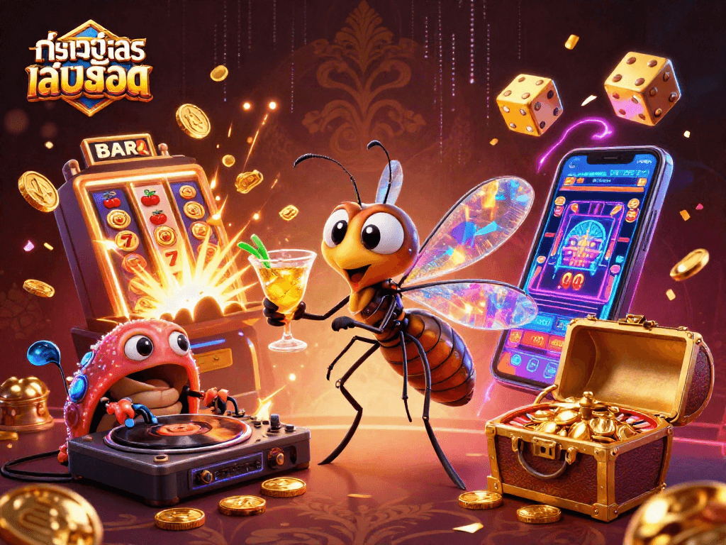 Engaging scene of ทดลองเล่นสล็อต with a living mosquito mascot and dynamic casino elements.