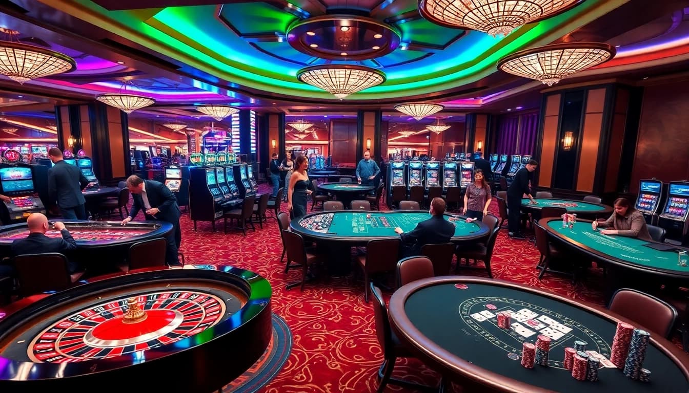 Players enjoying intense card games and vibrant slot machines at mm88 casino.