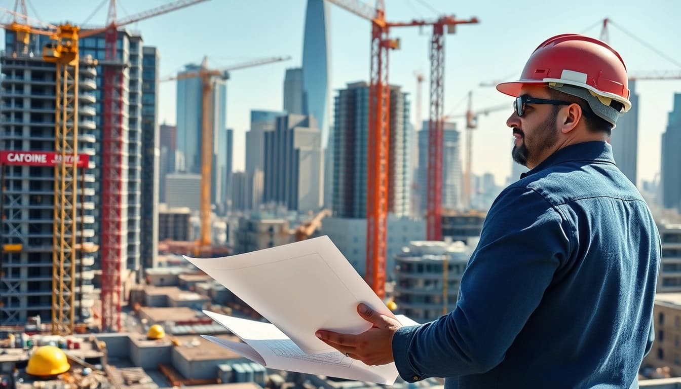 Manhattan General Contractor reviewing blueprints at a busy construction site in Manhattan.