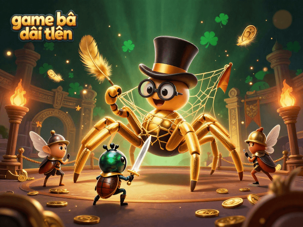 Engage in game bài đổi thưởng with a dynamic scene featuring a golden tarantula, beetle knight, and vibrant casino elements.