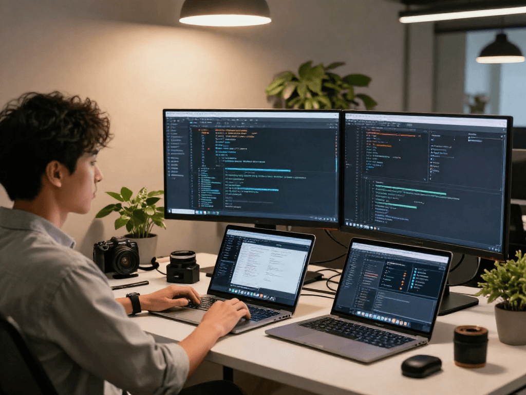 Developer sedang bekerja dengan cepat menggunakan sistem 快连 di ruang kerja modern.