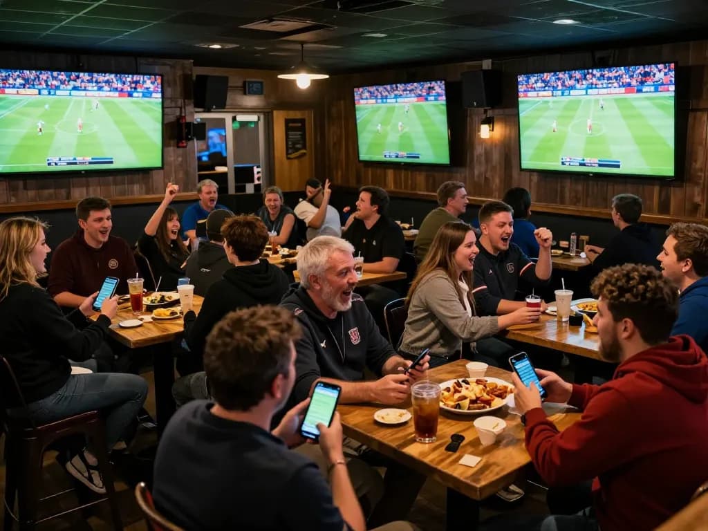 Experience the excitement of Trực tiếp bóng đá CakhiaTV at a lively sports bar with fans cheering and using betting apps.