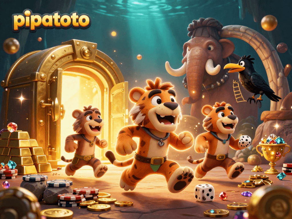 Experience pipatoto's exciting prehistoric casino scene with playful characters and treasure.