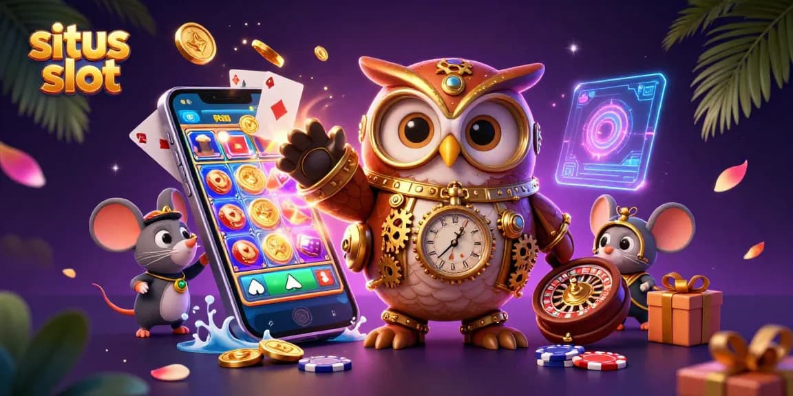 Raih situs slot terbaik dengan simbol keberuntungan dan permainan menarik dalam ilustrasi 3D.
