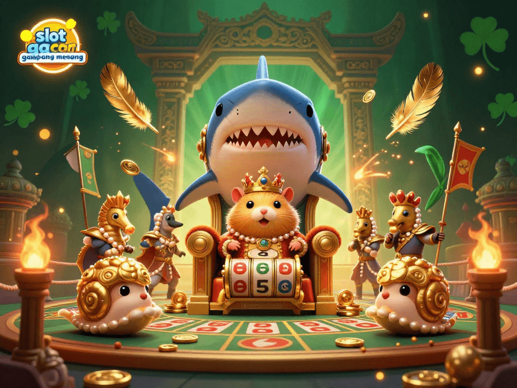 Experience thrilling action with slot gacor gampang menang in a vibrant casino scene featuring a golden hamster king.