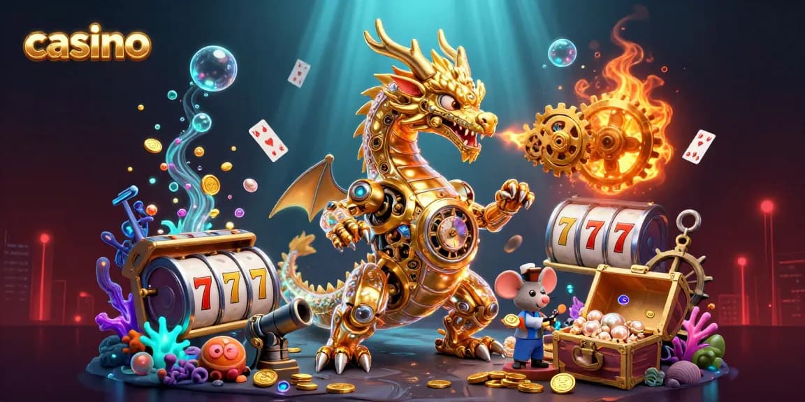 Casino scene featuring a golden dragon exhaling gears with vibrant slot elements and bioluminescent coral.