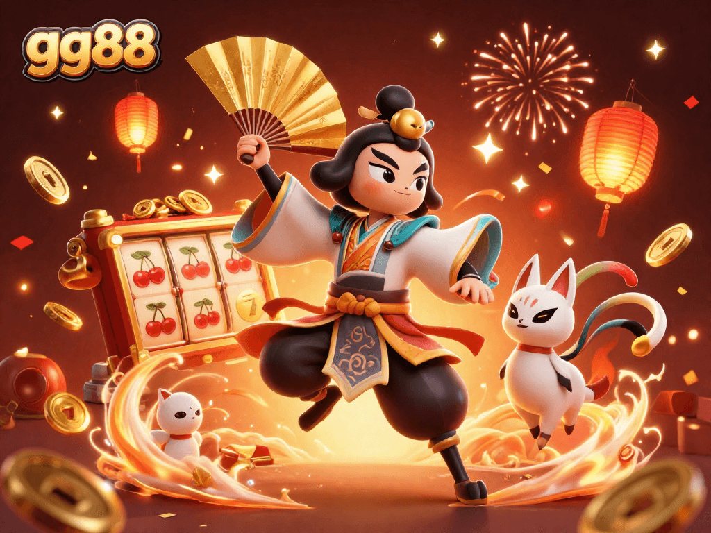 Experience the vibrant energy of gg88 with a 3D kabuki warrior and enchanting symbols in a bustling casino atmosphere.