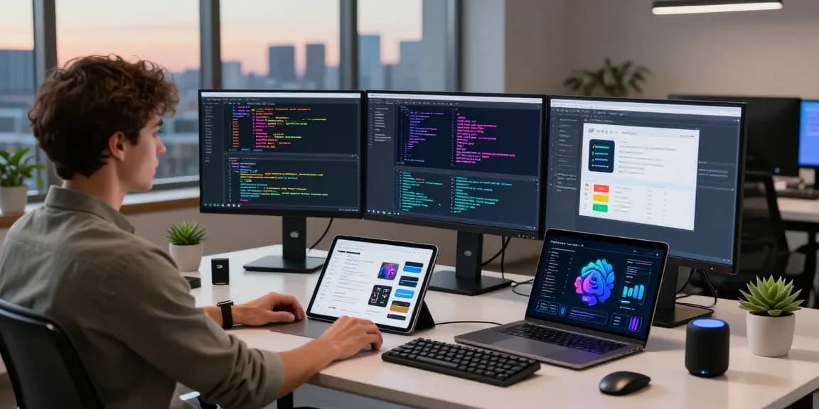 Innovative tech workspace illustrating cika4d with coding displays and creative tools.