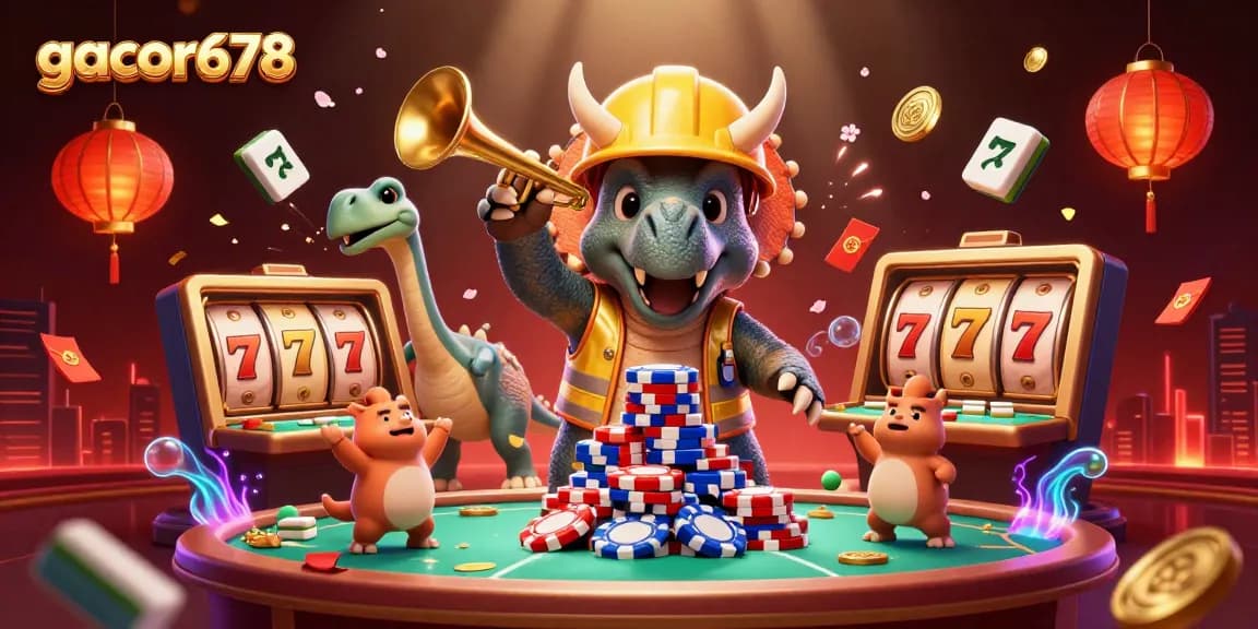 Engage with the vibrant action of gacor678 as cartoon dinosaurs celebrate casino wins amidst dynamic gaming elements.