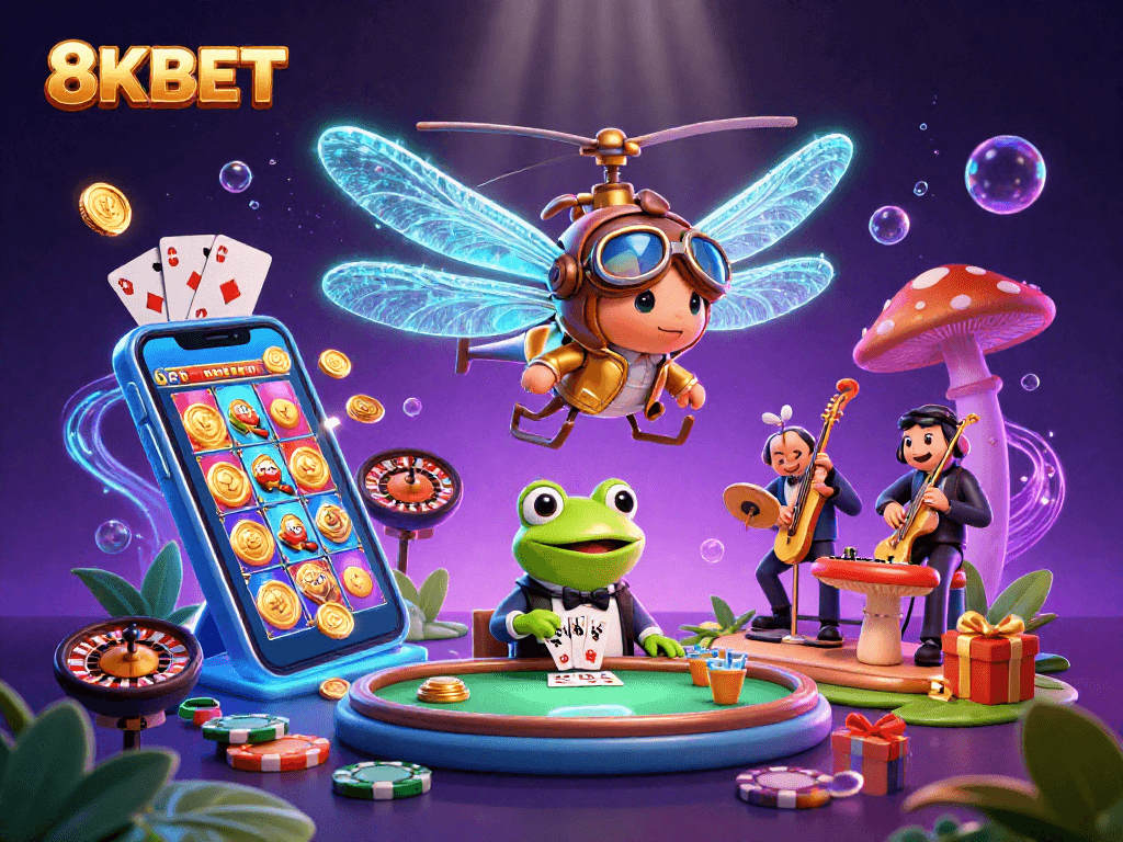 Experience thrilling games at 8KBET with a vibrant casino scene featuring unique characters and interactive elements.