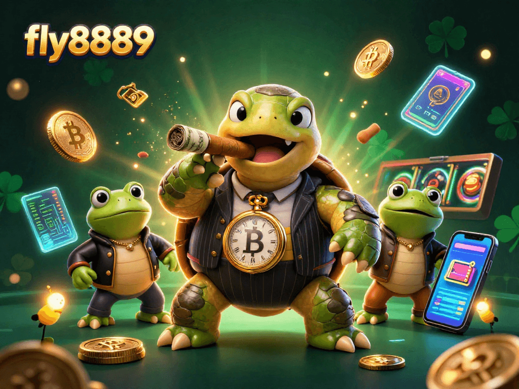 Engage in thrilling gameplay at fly8889 with massive turtle mobster and bullfrog enforcers in a vibrant casino scene.