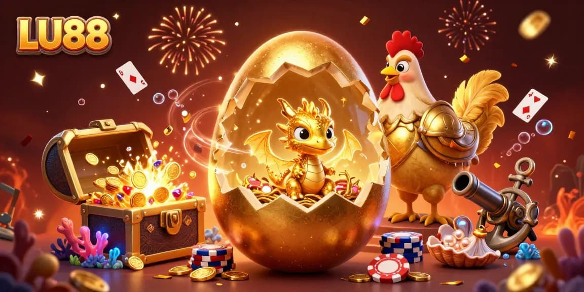 Play thrilling casino games at LU88 with a golden dragon and poker chips in a vibrant setting.