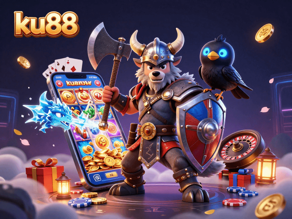 Engage in exciting gameplay with ku88, as Viking warriors face off with dragons and dynamic casino elements.